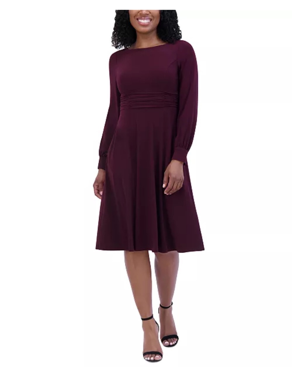 Jessica Howard Petite Ruched Boat-Neck Midi Dress Burgundy 8P